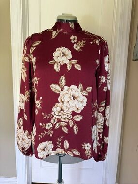 Express Women's Burgundy Floral Long-Sleeve Mock Neck Top